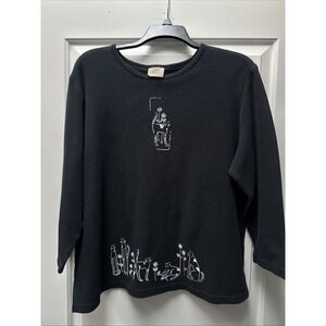 Teddi Cat Knit Shirt Women's 1X Black GrannyCore Grandma Shirt VTG 80s